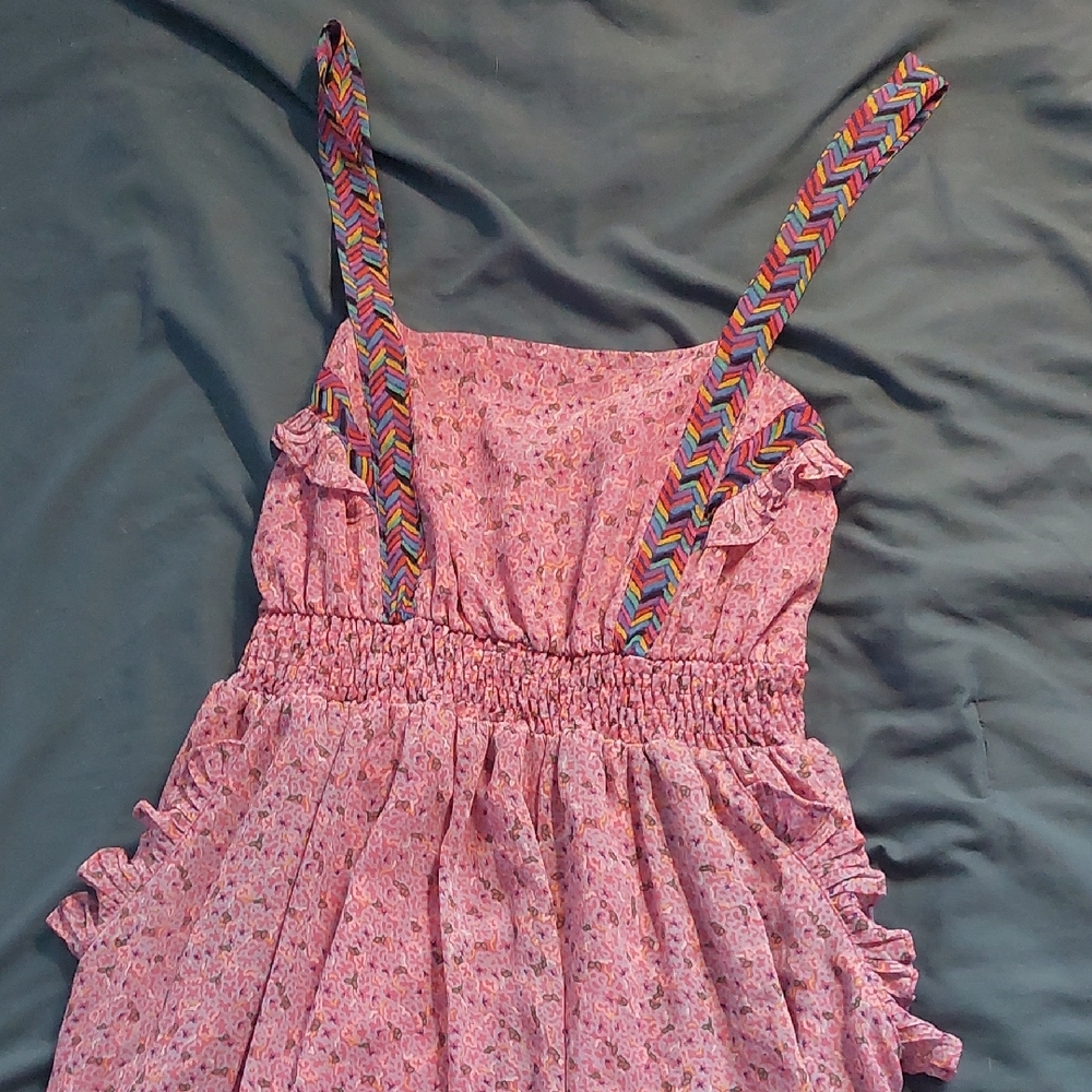 Pink Floral Dress with Rainbow Straps